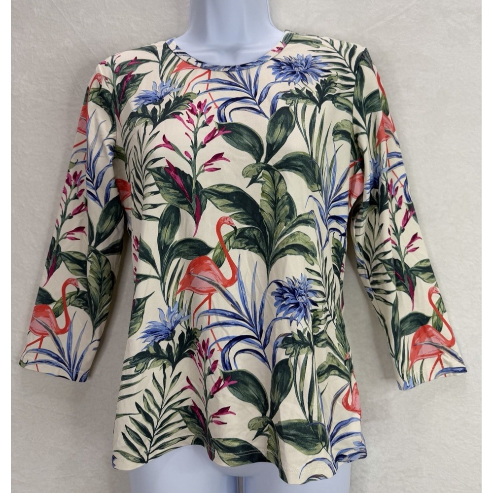 J. McLaughlin Catalina Cloth Signature Flamingo Palms T-Shirt Size Medium